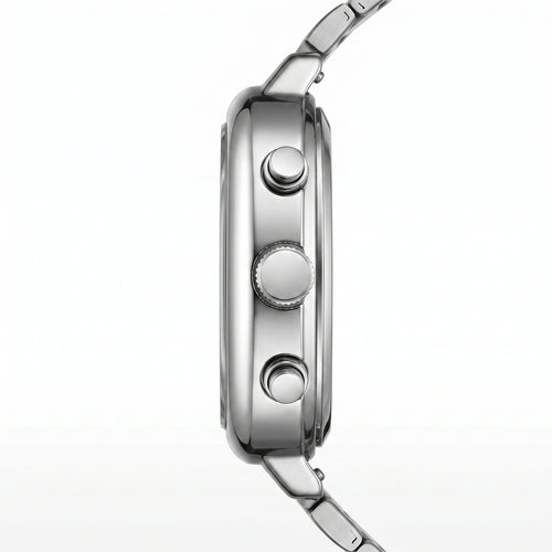Close-up of a silver watch with detailed case design on a white background