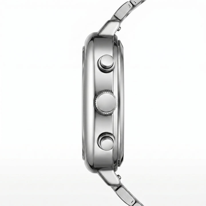 Close-up of a silver watch with detailed case design on a white background