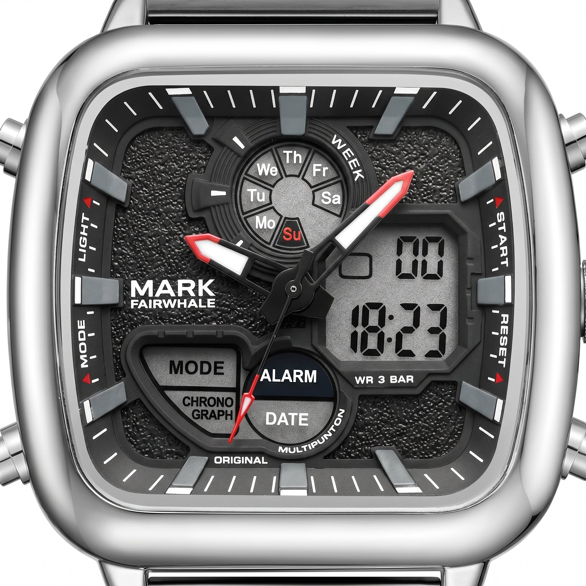 Mark Fairwhale watch with digital and analog display on a white background