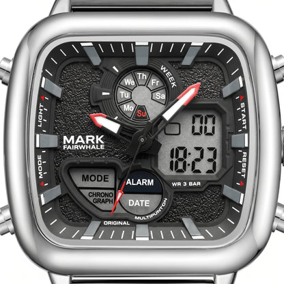 Mark Fairwhale watch with digital and analog display on a white background