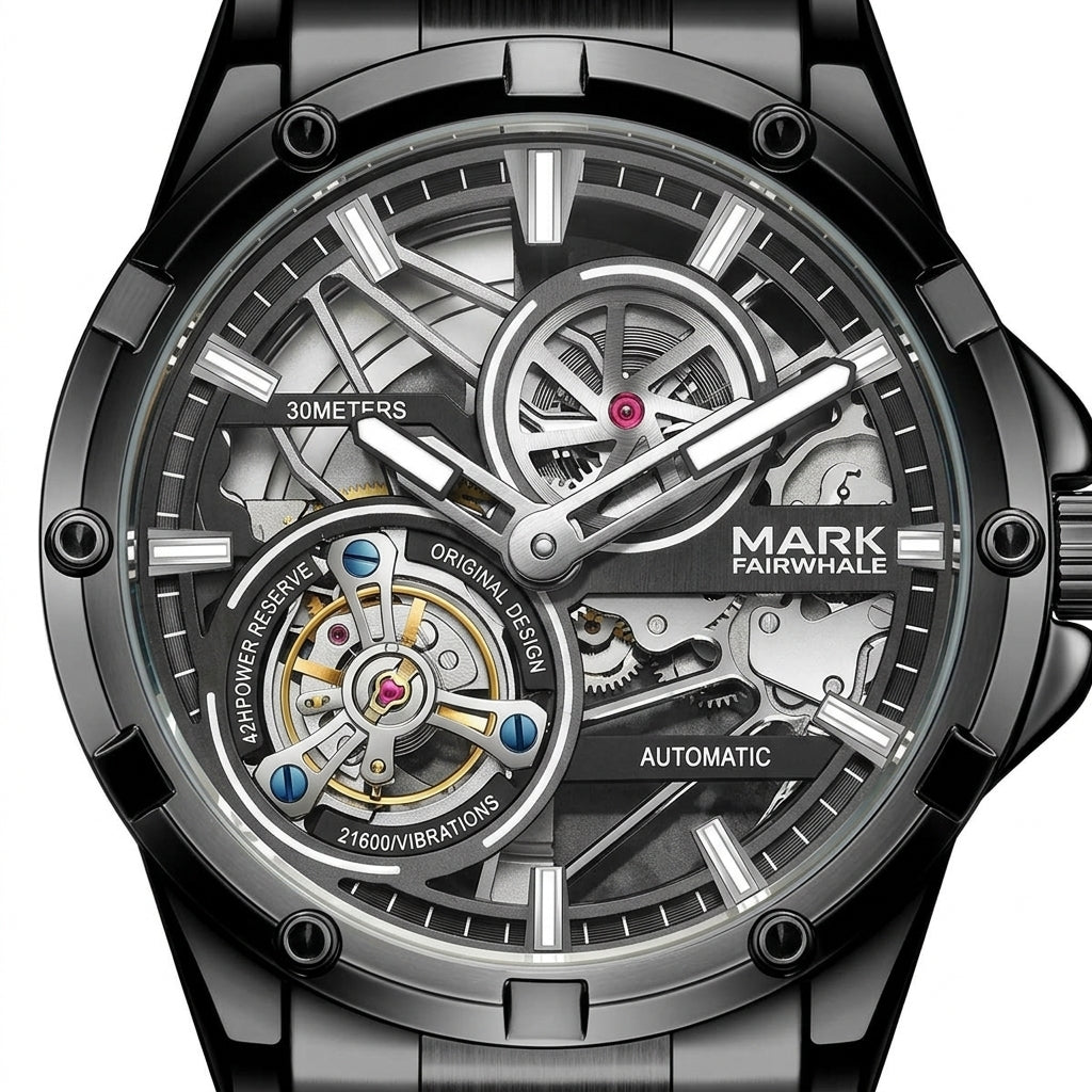 Mark Fairwhale watch with intricate mechanical design on a white background