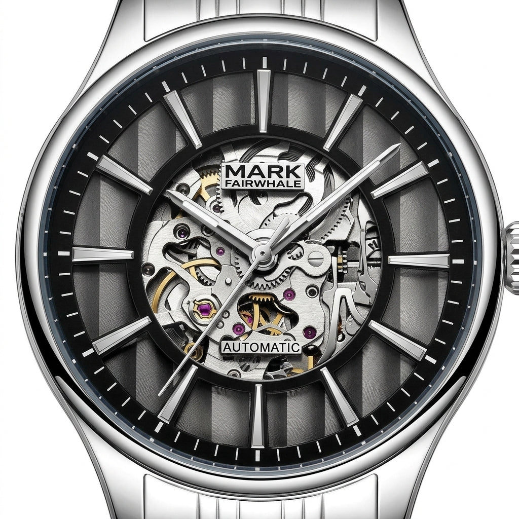 Mark Fairwhale watch with visible mechanical components on a white background