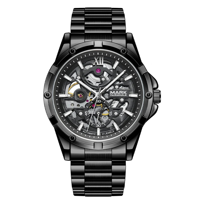 The black stainless steel AUREOX delivers a bold, sleek presence. Its skeleton dial glows with mechanical depth, crafted for men who demand luxury with a modern edge.