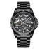 The black stainless steel AUREOX delivers a bold, sleek presence. Its skeleton dial glows with mechanical depth, crafted for men who demand luxury with a modern edge.