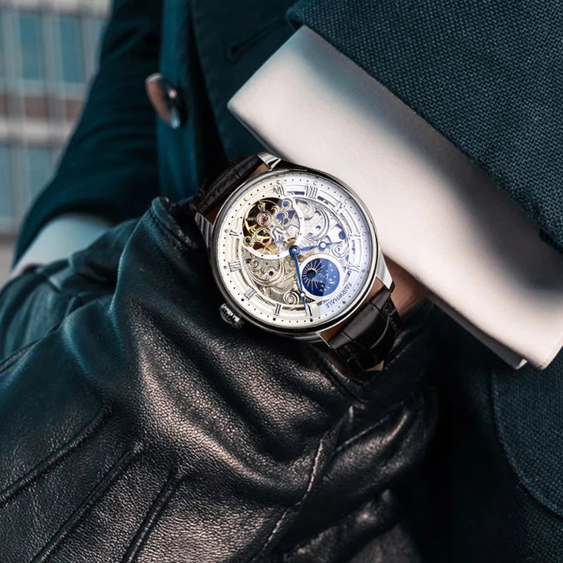 Mark Fairwhale SORIONI Horizon Steel – Silver-tone automatic moon phase watch for men with leather strap and stainless steel case