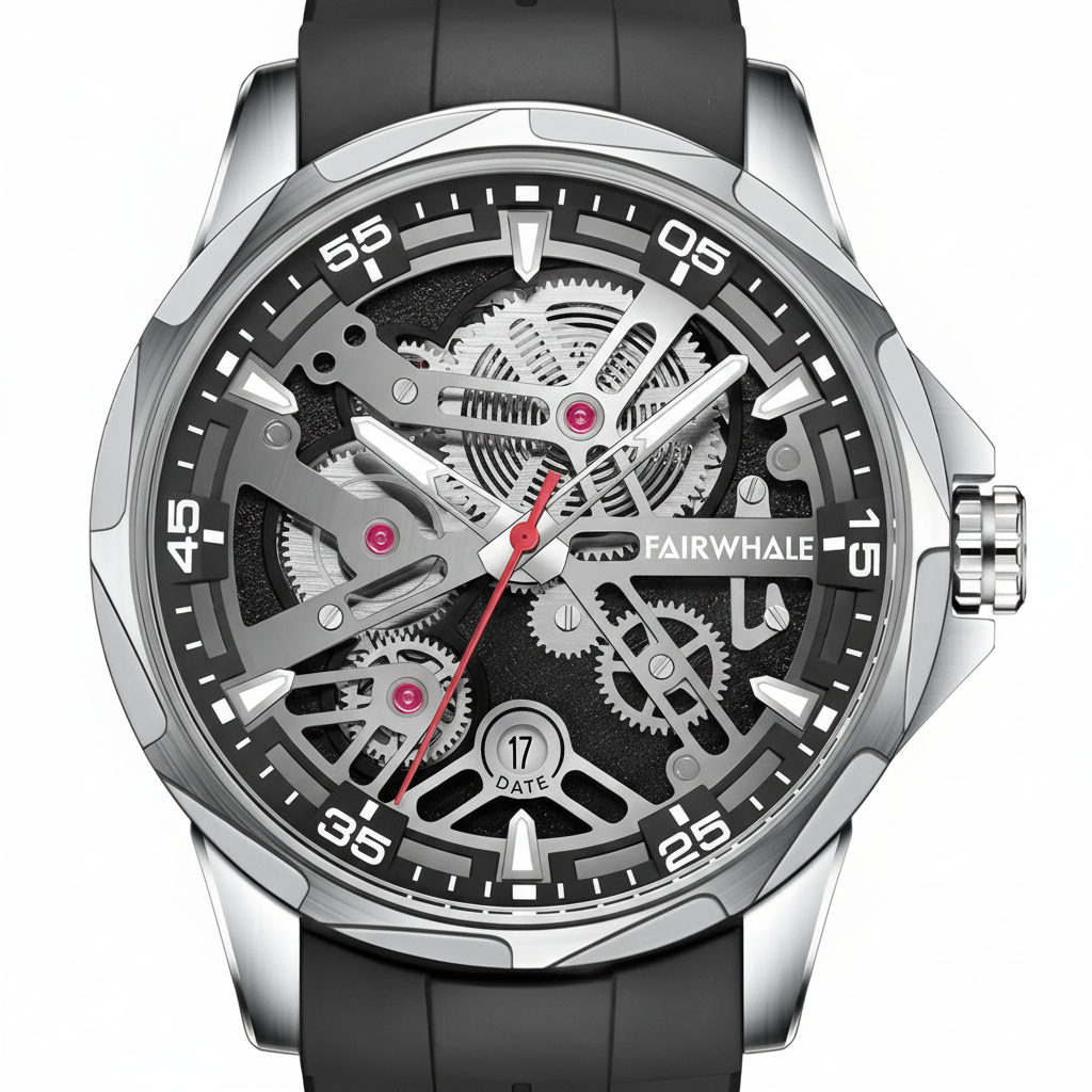 Mechanical watch with black strap and visible gears on a white background, brand 'FAIRWHALE' visible.