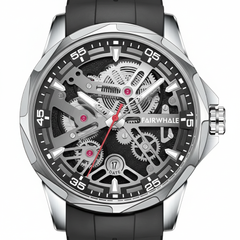 Mechanical watch with black strap and visible gears on a white background, brand 'FAIRWHALE' visible.