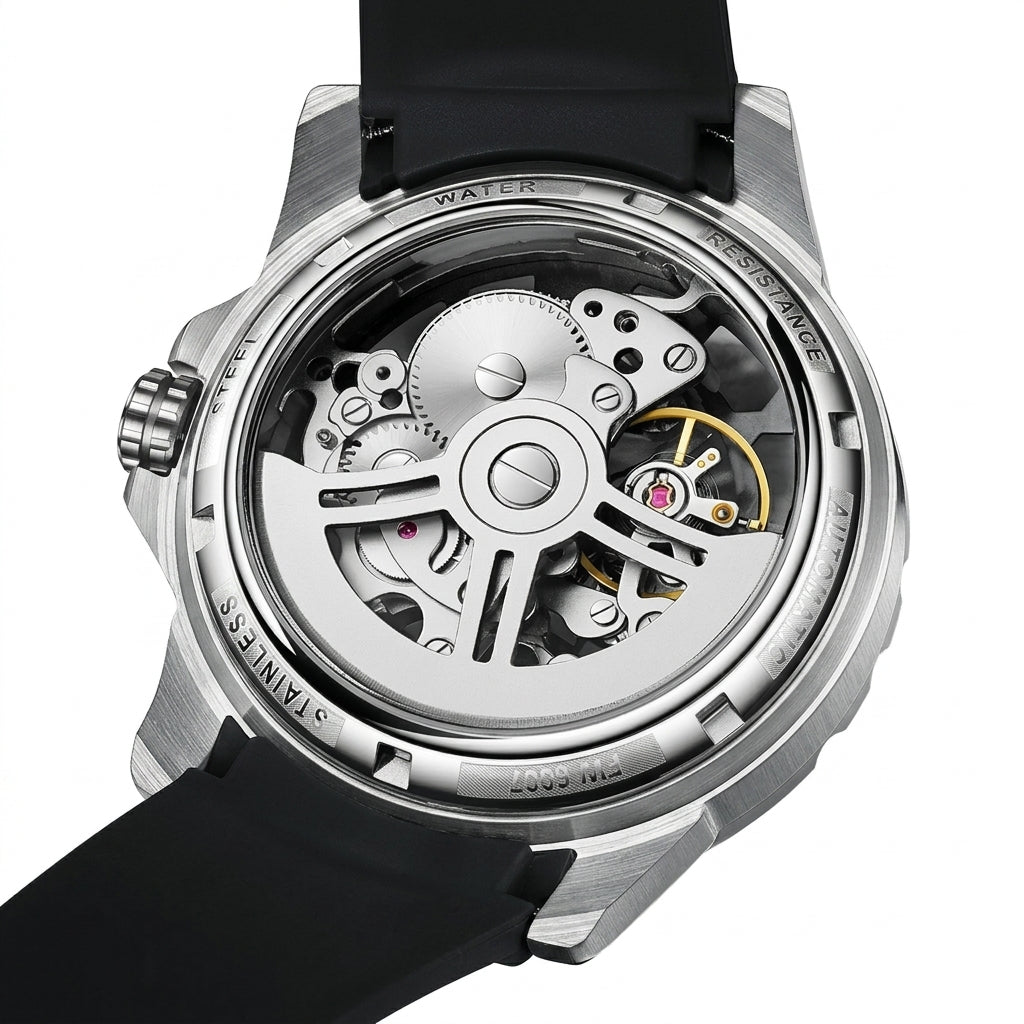 Mechanical watch with black strap and visible inner workings on a white background