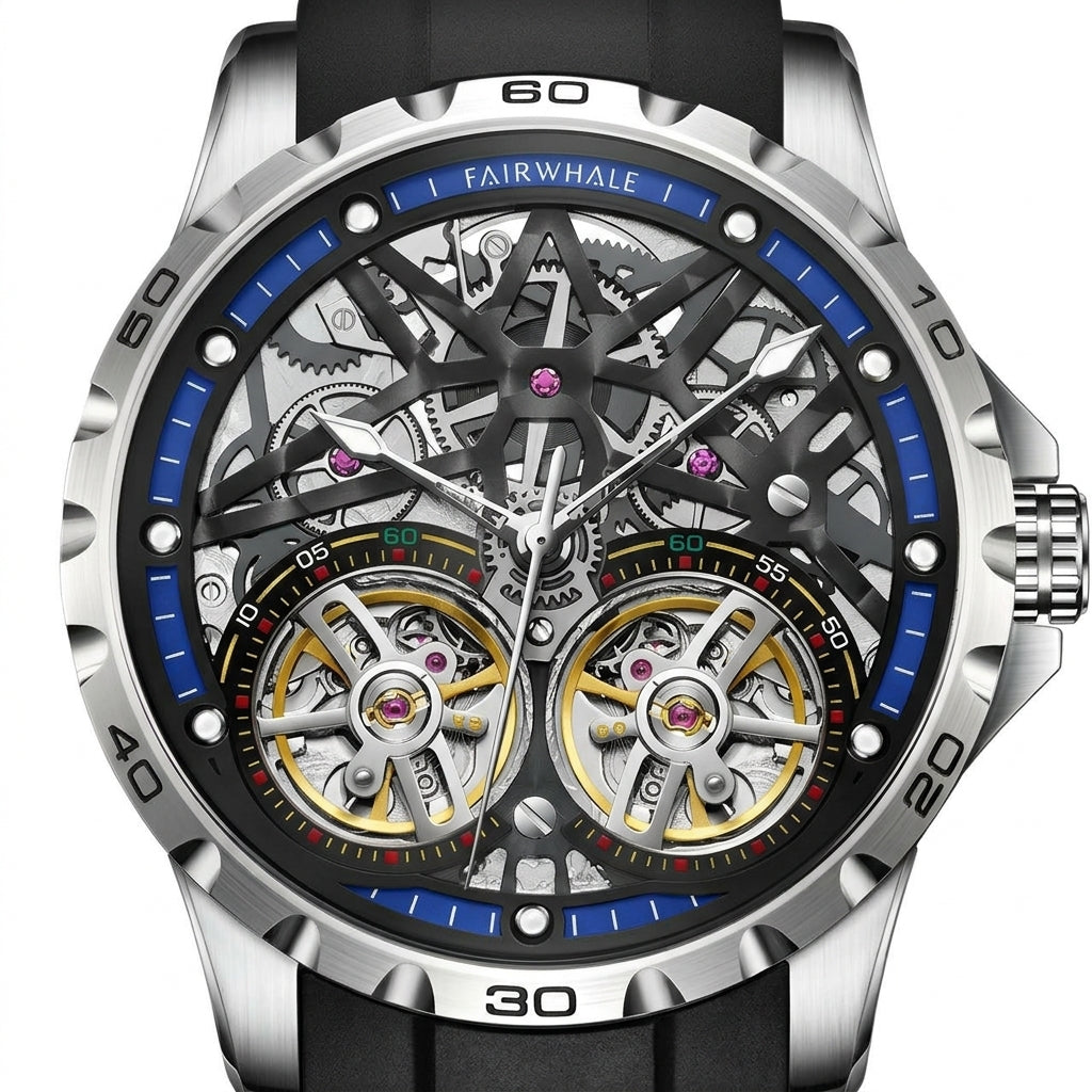 Mechanical watch with visible gears and components on a white background