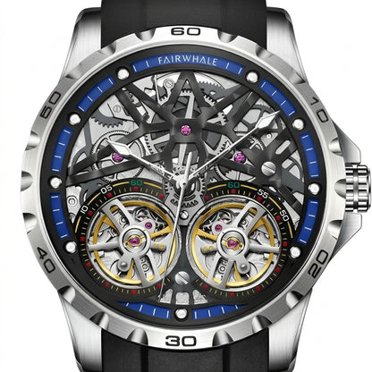 Mechanical watch with visible gears and components on a white background
