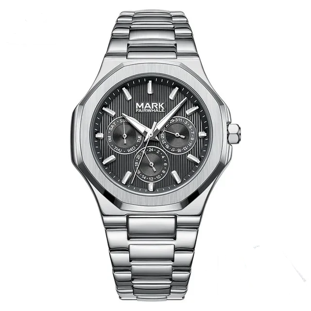 Men’s Mark Fairwhale FW-5890 CLEVTOR quartz watch in blue dial with multifunction subdials, luxury 3/4 angle shot