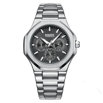 Men’s Mark Fairwhale FW-5890 CLEVTOR quartz watch in blue dial with multifunction subdials, luxury 3/4 angle shot