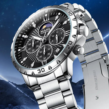 Men’s Quartz Chronograph Watch close-up showing high-transparency glass and chronograph subdials