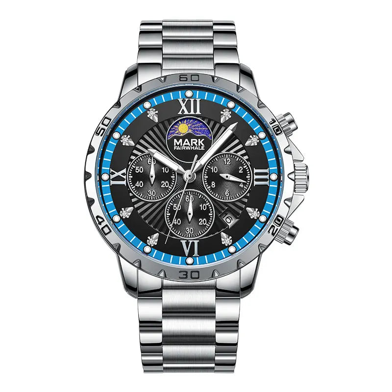 Men’s Quartz Chronograph Watch close-up showing high-transparency glass and chronograph subdials