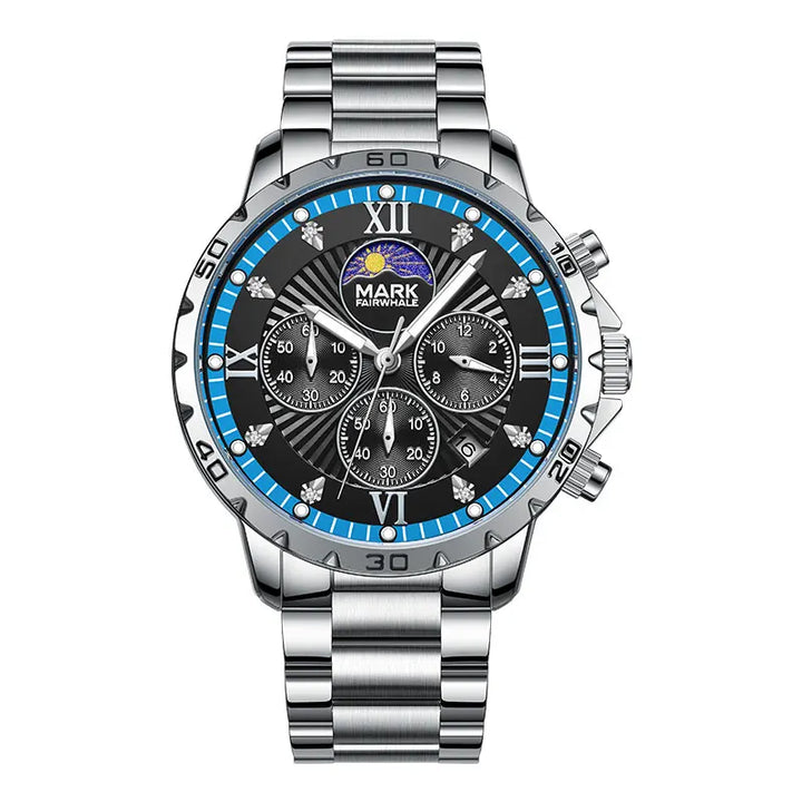 Men’s Quartz Chronograph Watch close-up showing high-transparency glass and chronograph subdials