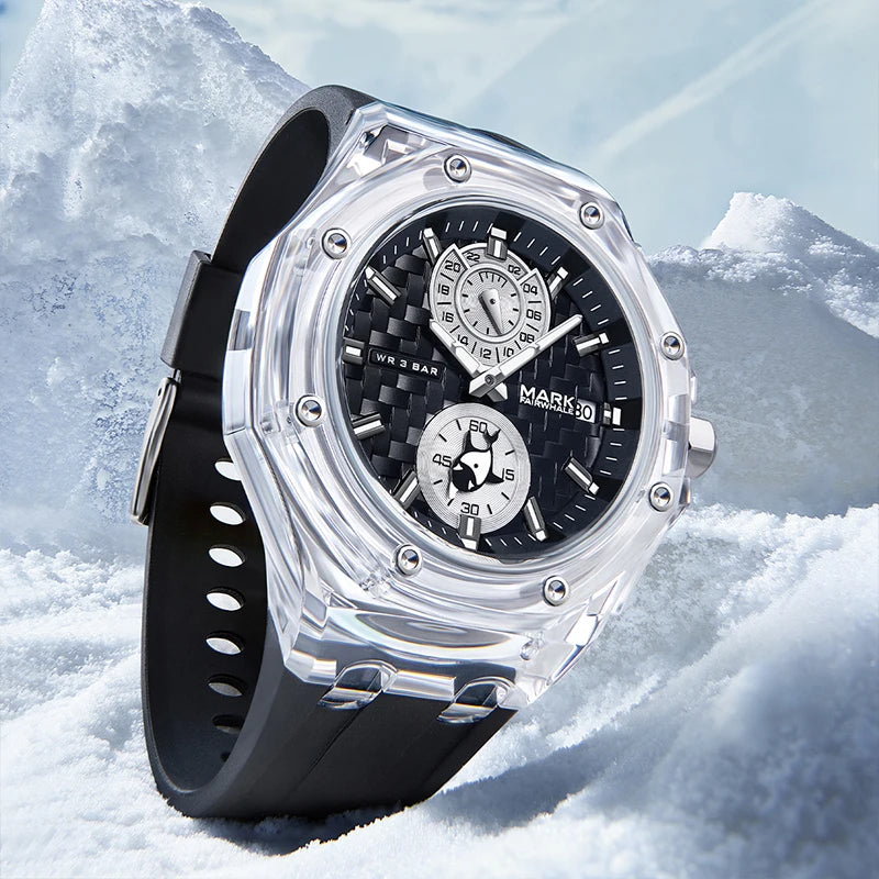 Men’s Quartz Watch black rubber strap and stainless steel caseback showcased in snowy mountain environment.