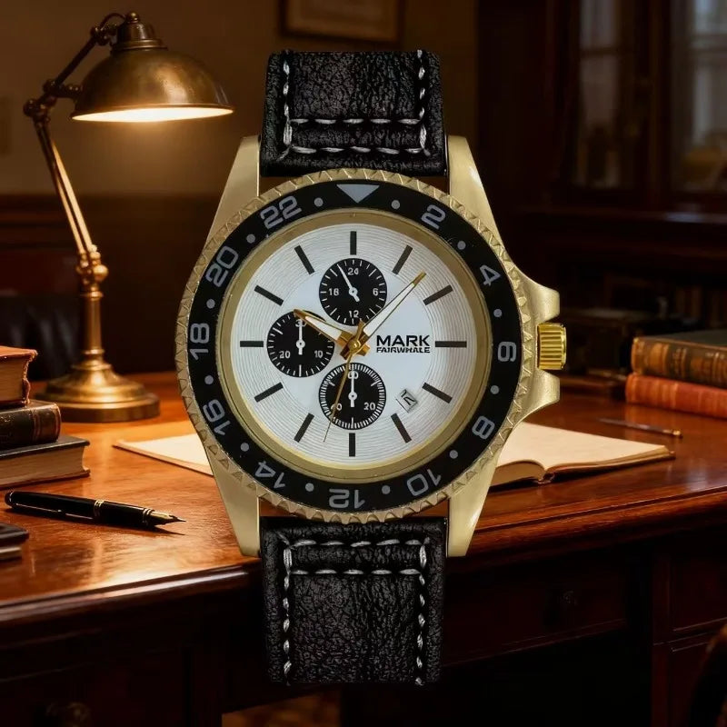 Men’s Quartz Watch close-up showing luminous hands and calendar