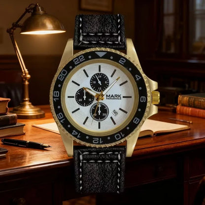 Men’s Quartz Watch close-up showing luminous hands and calendar