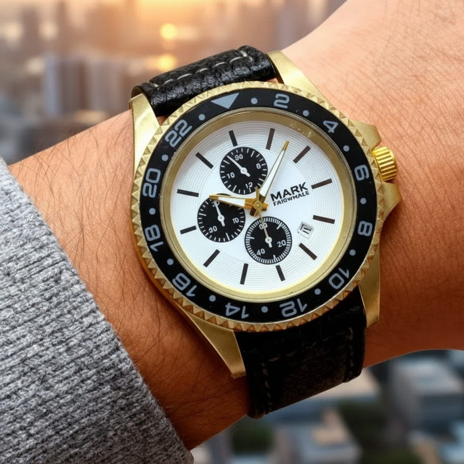 Men’s Quartz Watch on wrist showing leather strap and gold case finish