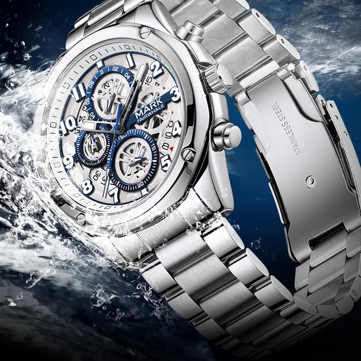 Men’s chronograph quartz watch with multi-dial layout and Arabic numerals