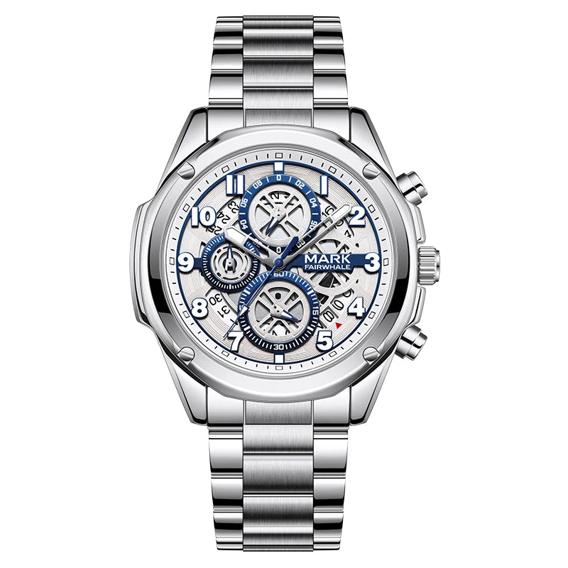 Men’s chronograph quartz watch with multi-dial layout and Arabic numerals