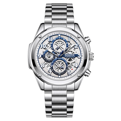 Men’s chronograph quartz watch with multi-dial layout and Arabic numerals