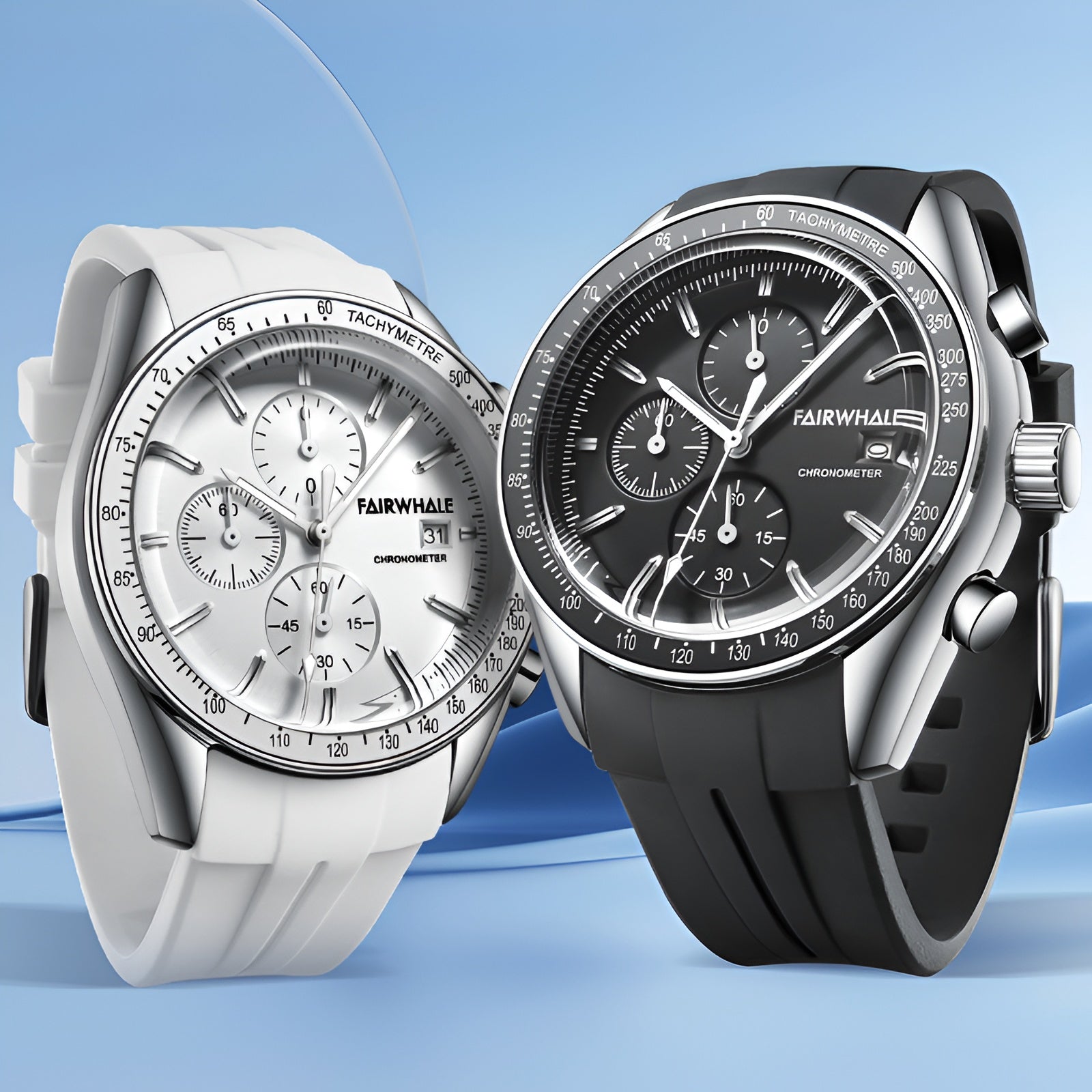 Men’s chronograph sport quartz watch in pastel blue case with white strap