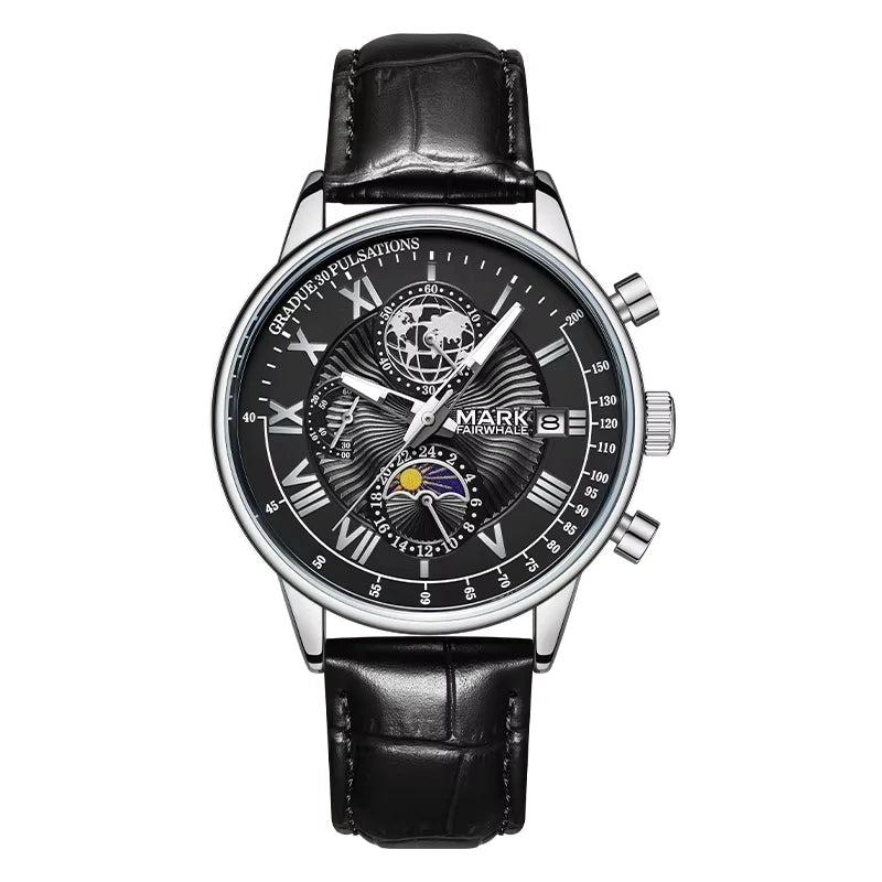 Men’s chronograph watch with moon phase luminous hands and classic Roman numerals