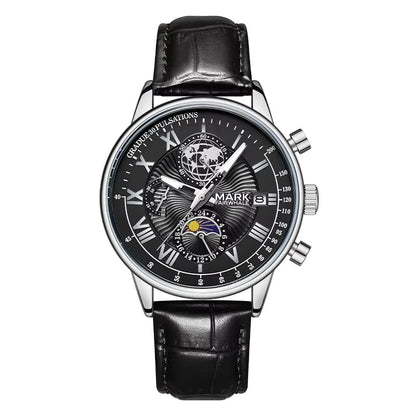 Men’s chronograph watch with moon phase luminous hands and classic Roman numerals