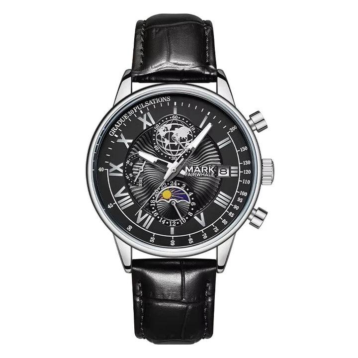 Men’s chronograph watch with moon phase luminous hands and classic Roman numerals