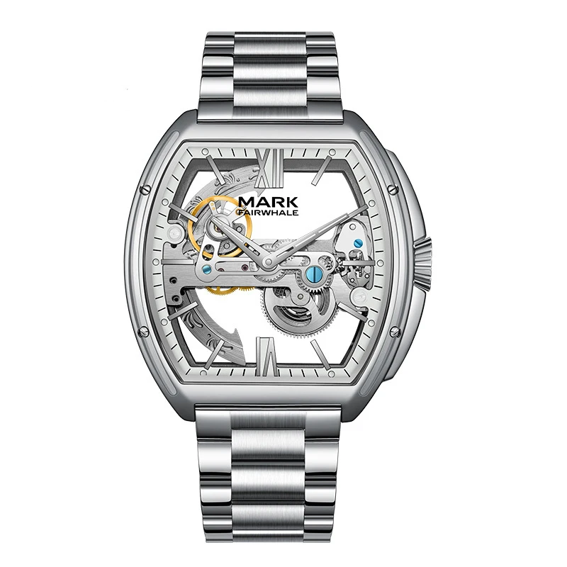 Full front view of the Fairwhale FW-6001 NOVARIS silver skeleton automatic watch with stainless steel bracelet and open-worked dial.