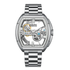Full front view of the Fairwhale FW-6001 NOVARIS silver skeleton automatic watch with stainless steel bracelet and open-worked dial.