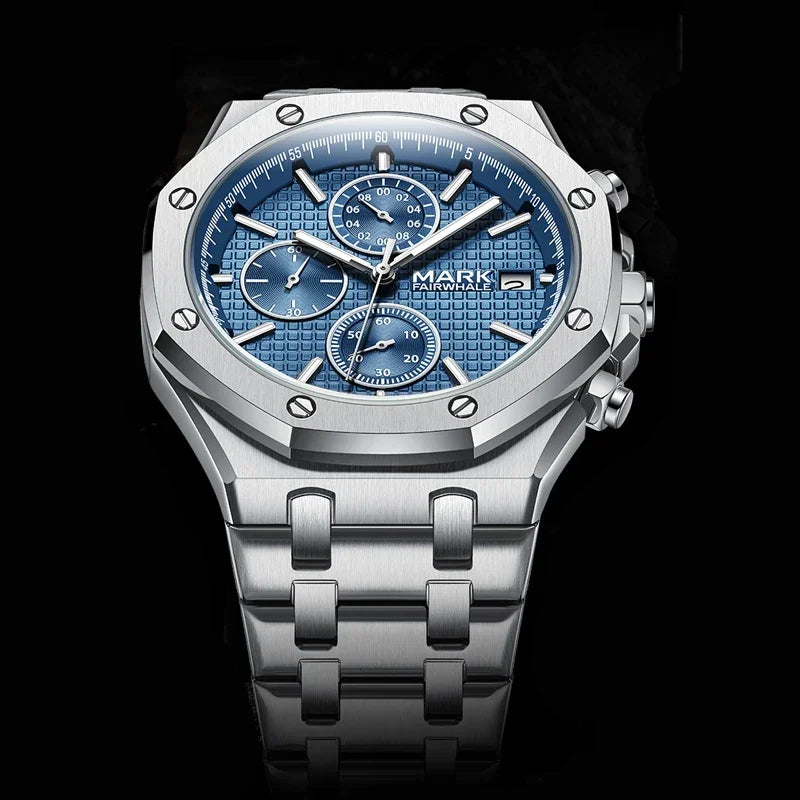 Men’s quartz chronograph watch with blue dial and stainless steel strap