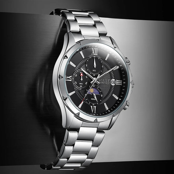 Men’s quartz watch lifestyle scene in café environment