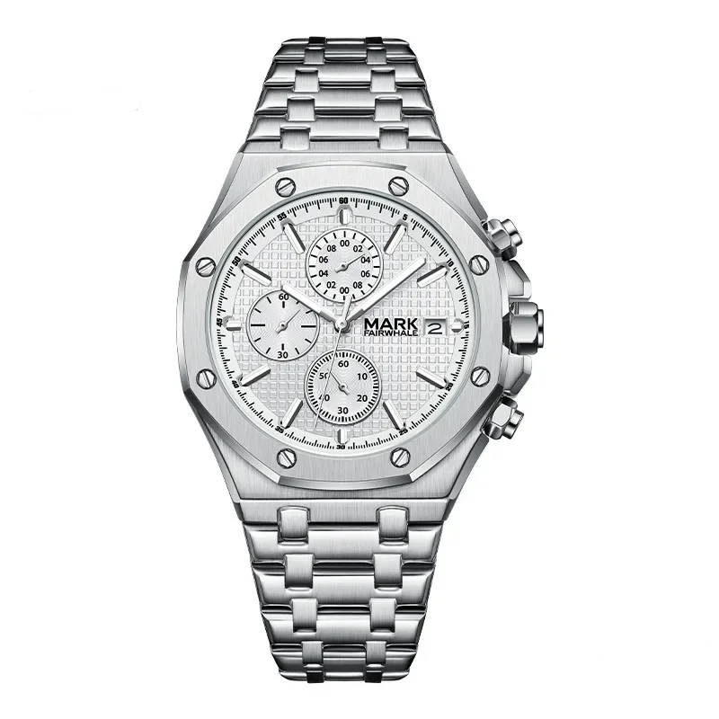 Men’s retro stainless steel quartz watch with white dial and chronograph design