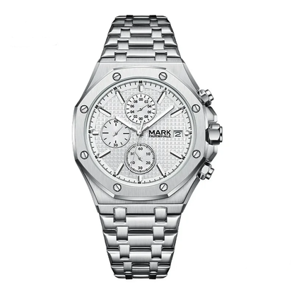 Men’s retro stainless steel quartz watch with white dial and chronograph design