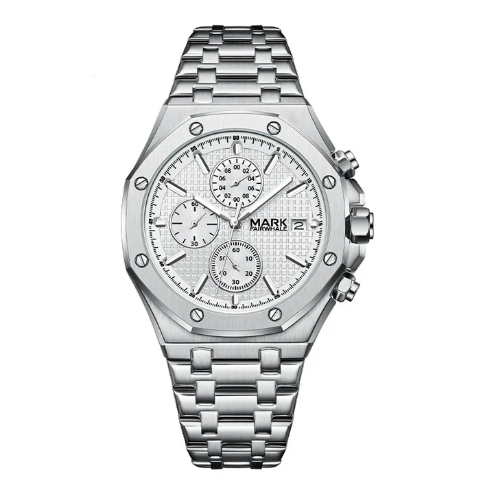 Men’s retro stainless steel quartz watch with white dial and chronograph design