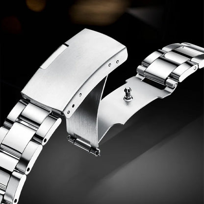Men wearing Mark Fairwhale HEXORA 5150 stainless steel watch with six pin chronograph dial.
