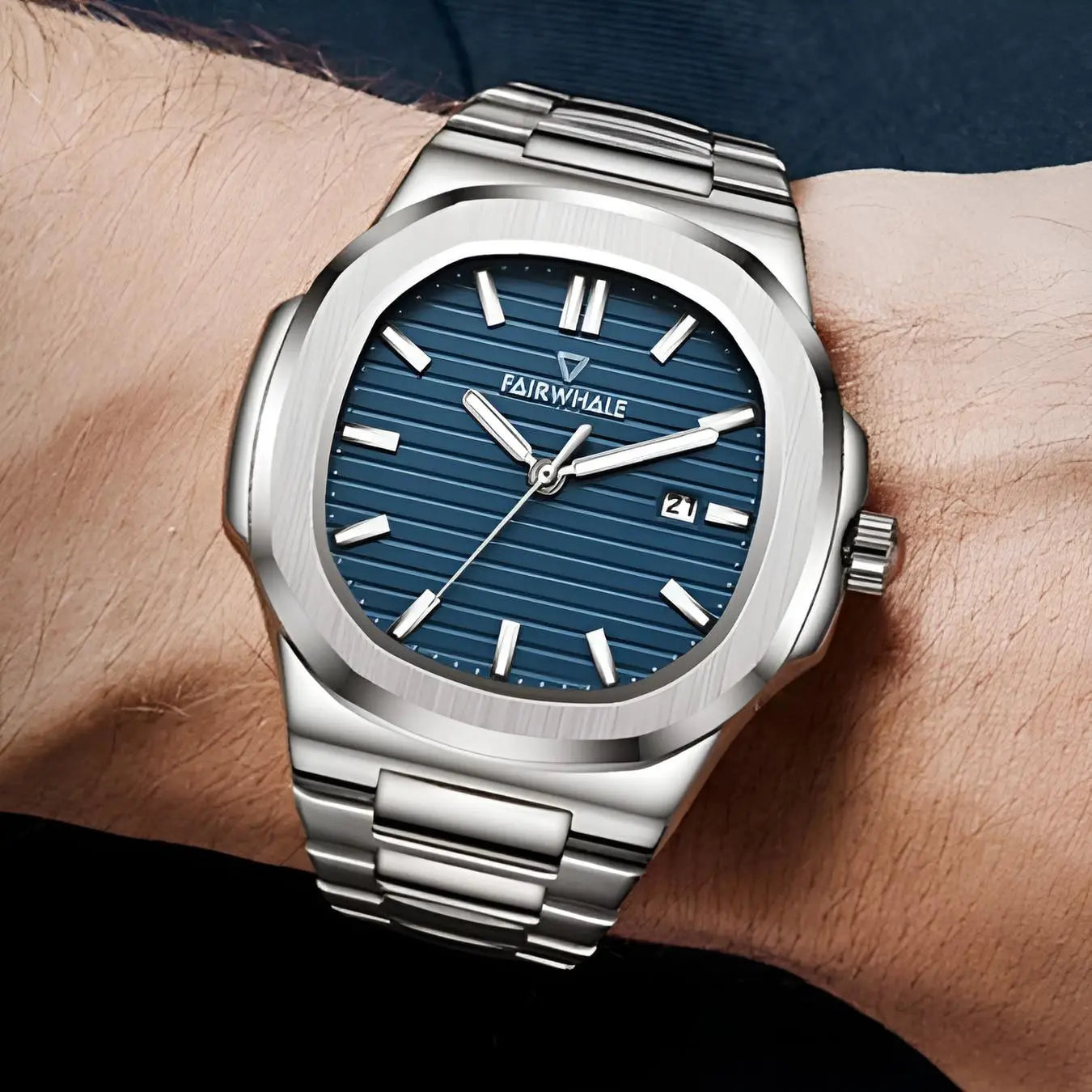 Men wearing Mark Fairwhale luminous waterproof stainless steel wristwatch