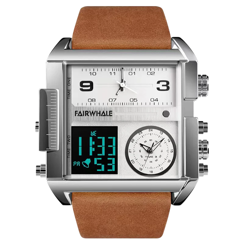 Multifunctional watch with brown leather strap and digital display on a white background