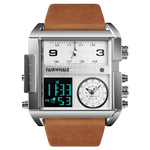 Multifunctional watch with brown leather strap and digital display on a white background