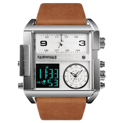Multifunctional watch with brown leather strap and digital display on a white background