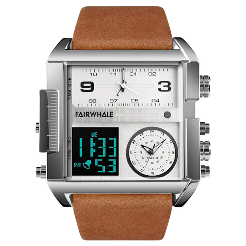 Multifunctional watch with brown leather strap and digital display on a white background