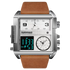 Multifunctional watch with brown leather strap and digital display on a white background