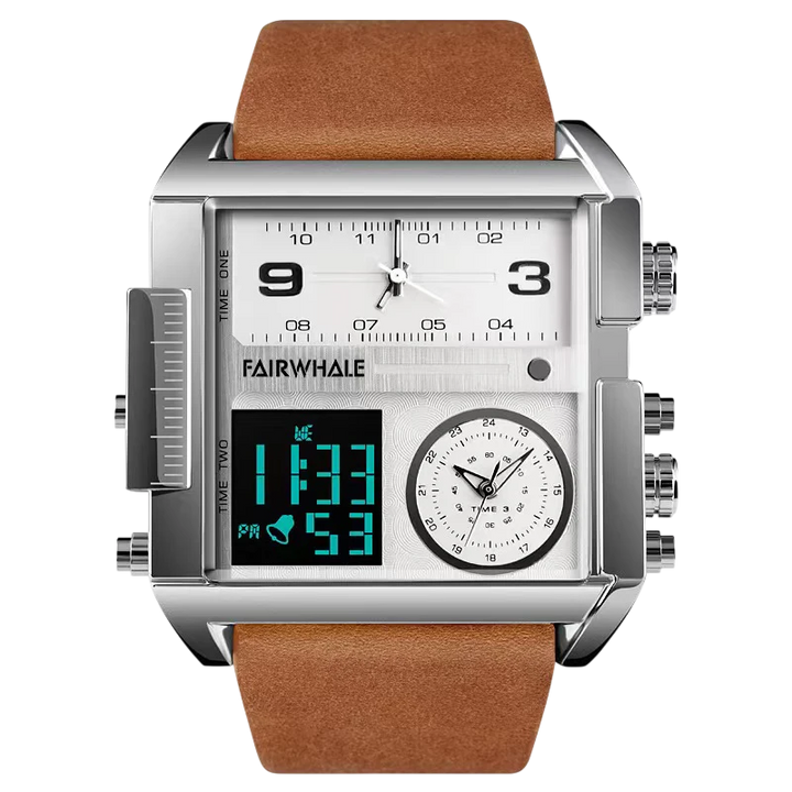 Multifunctional watch with brown leather strap and digital display on a white background