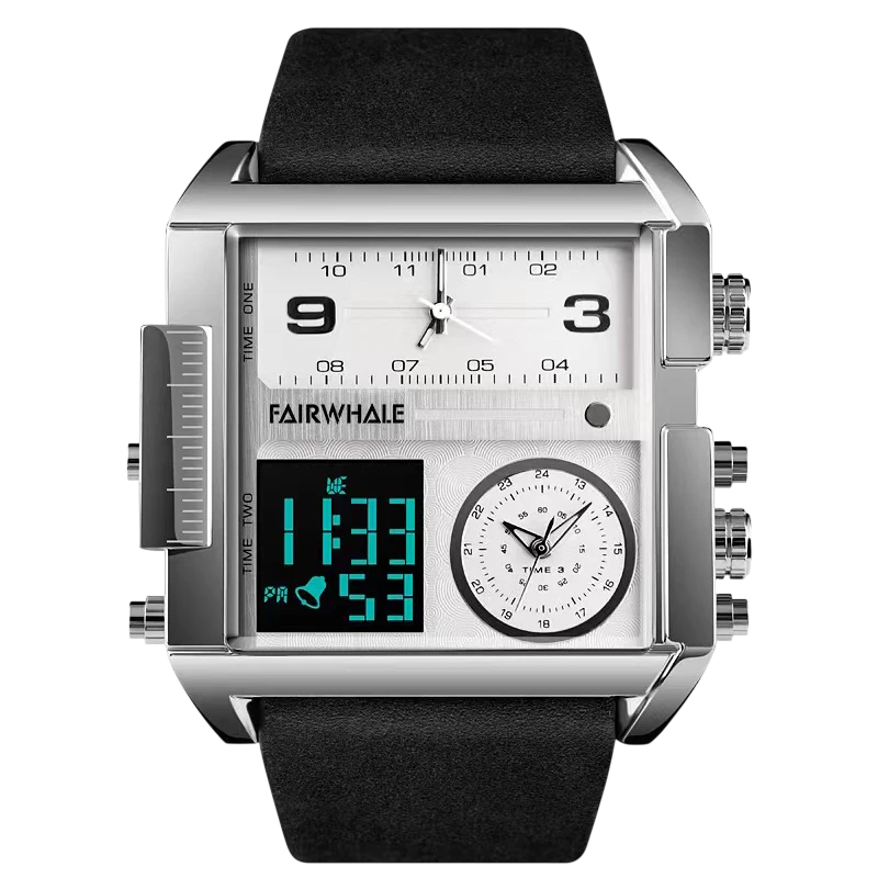 Multifunctional watch with digital and analog display on a white background