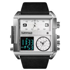 Multifunctional watch with digital and analog display on a white background