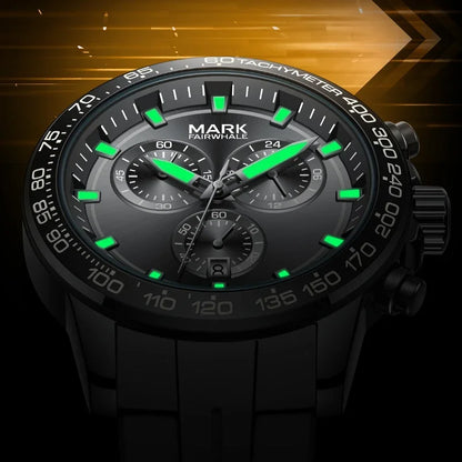 NOVEXA chronograph glowing dial in low light with luminous markers.