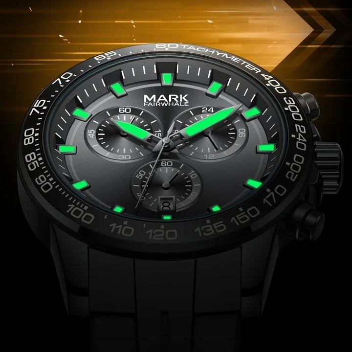 NOVEXA chronograph glowing dial in low light with luminous markers.
