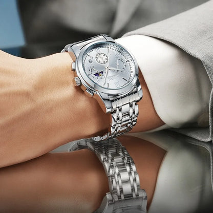 Luxury chronograph watch for men worn on wrist with stainless steel bracelet